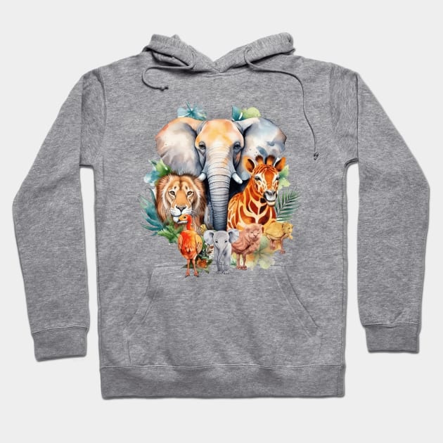 Watercolor Animal Safari #2 Hoodie by Chromatic Fusion Studio